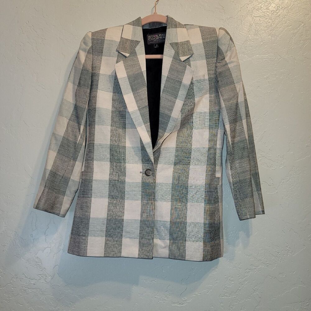 Stirling Cooper Womens Blazer Jacket Sz 2 Petite Plaid Single Button Linen Blend